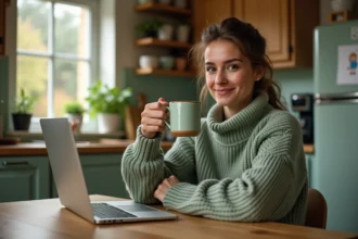Mère célibataire assise dans sa cuisine, regardant son blog sur un ordinateur portable avec une tasse de café, atmosphère chaleureuse et intime