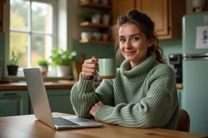 Mère célibataire assise dans sa cuisine, regardant son blog sur un ordinateur portable avec une tasse de café, atmosphère chaleureuse et intime