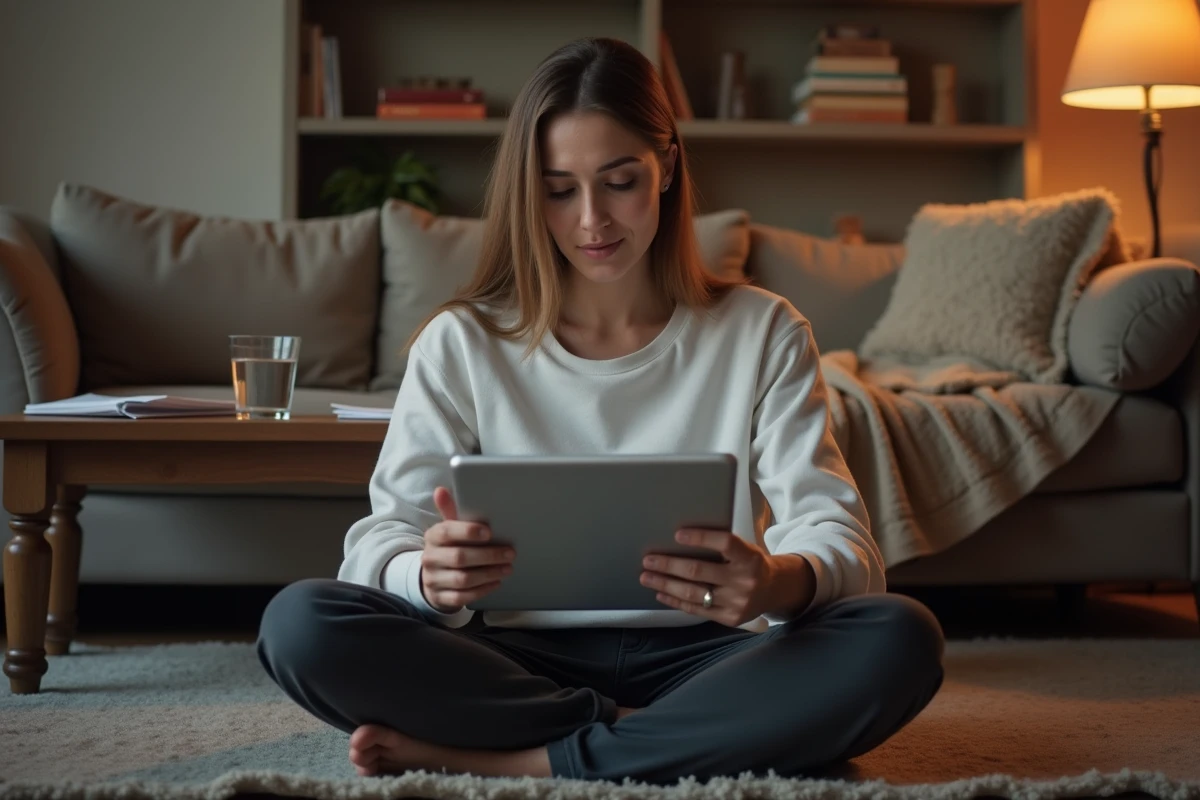 Mère célibataire lisant le blog Mama-bears.fr sur une tablette, assise sur le sol de son salon le soir, moment de calme et de connexion en ligne
