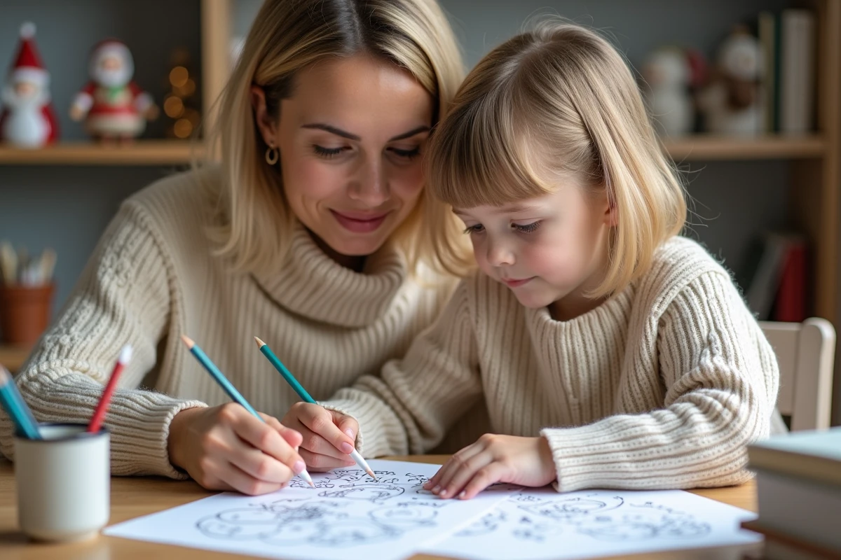 Mère et fils coloriant ensemble une lettre au père Noël imprimée sur un bureau décoré de Noël