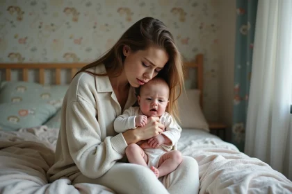 Mère fatiguée avec bébé dans un lit cosy