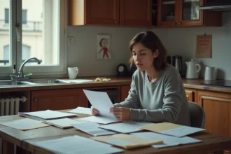 Mère isolée lisant une lettre de contrôle de la CAF à sa table de cuisine couverte de documents administratifs