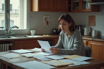 Mère isolée lisant une lettre de contrôle de la CAF à sa table de cuisine couverte de documents administratifs