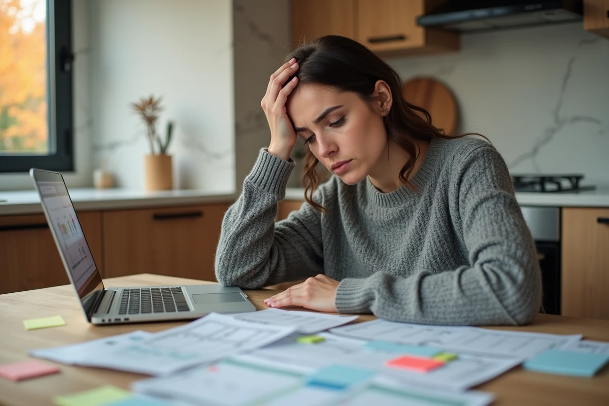 Mère stressée planifiant les vacances scolaires d'octobre devant un calendrier et un ordinateur portable