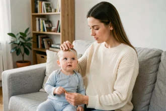 Mère mesurant le tour de tête de son bébé de 9 mois avec un mètre ruban souple sur un canapé en lin gris