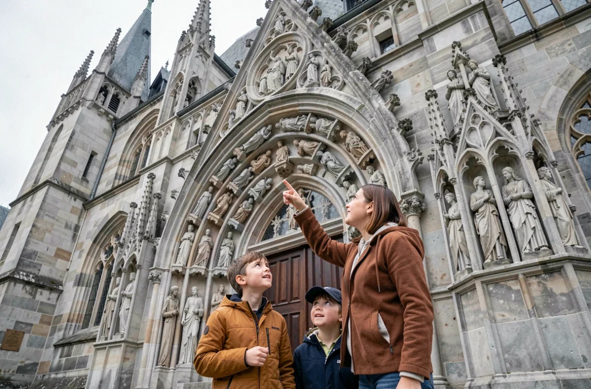 Une famille avec enfants admirant la façade gothique du Monastère Royal de Brou à Bourg-en-Bresse