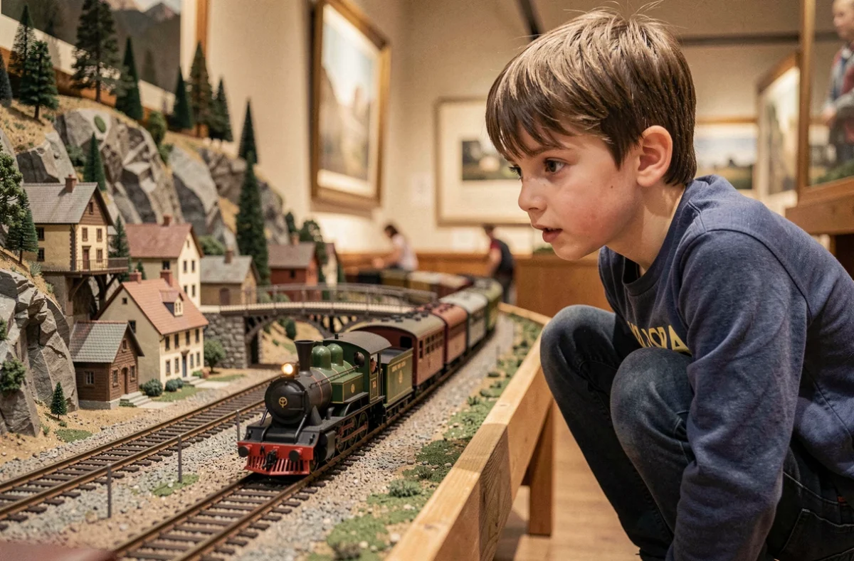 Un garçon fasciné par une maquette de train en fonctionnement au Musée du Train Miniature