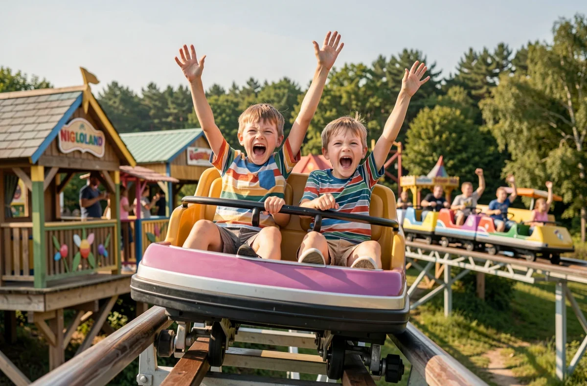 Deux jeunes garçons en train de crier de joie sur une attraction de Nigloland, parc familial dans l'Aube