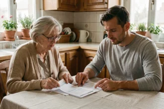 Un fils adulte et sa mère âgée examinent des documents financiers liés à l'obligation alimentaire pour une maison de retraite