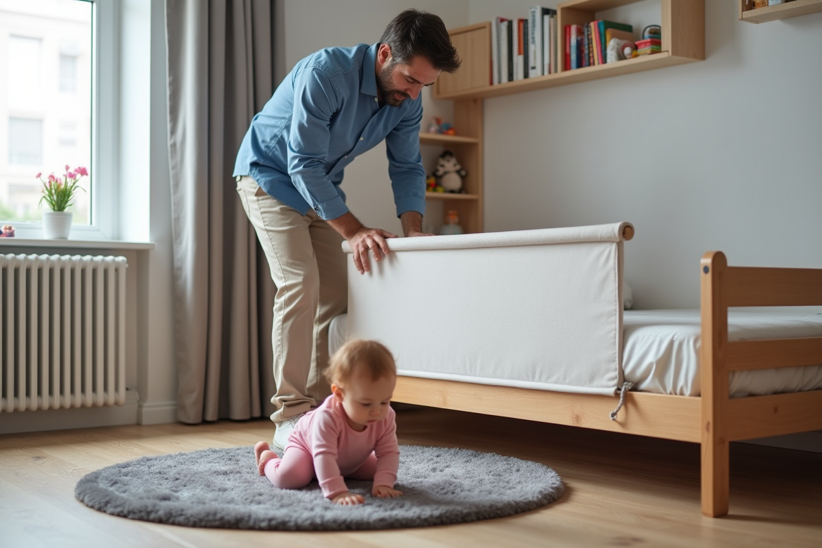 Papa assemble la barrière de sécurité avec sa fille dans la chambre