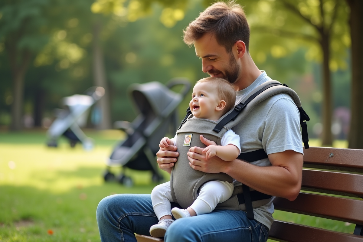 Papa posant son enfant dans un porte-bébé au parc ensoleille