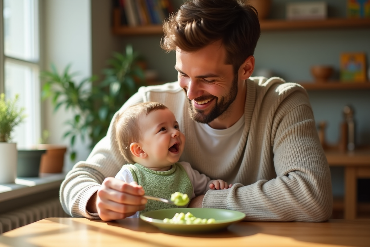 Pere tenant son bébé sur les genoux lui donnant sa premiere cuillerée de petits pois