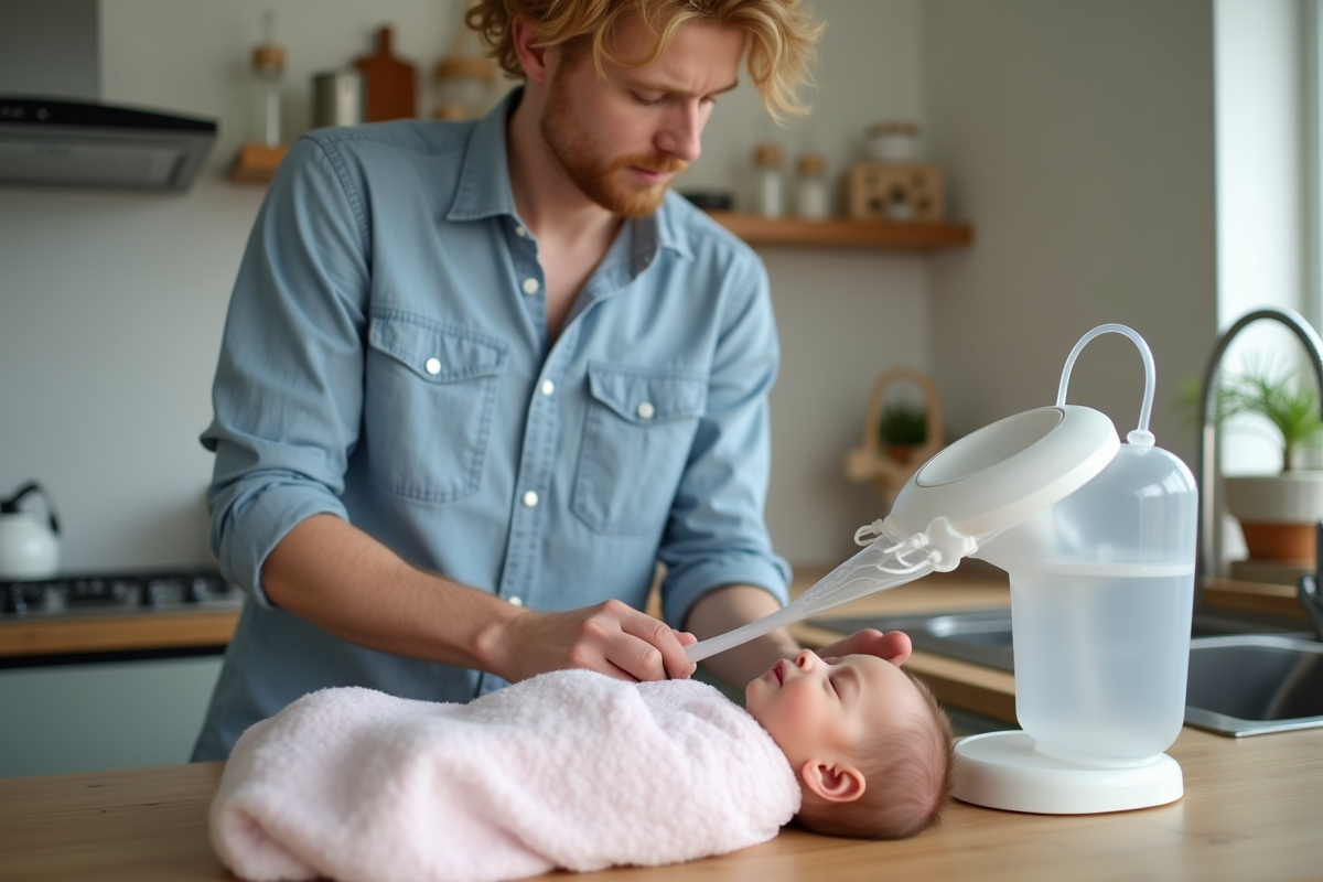 Papa utilisant un tire-lait près du bébé dans la cuisine