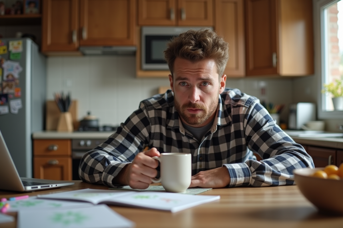 Pere fatigue au repas familial avec dessin et tasse
