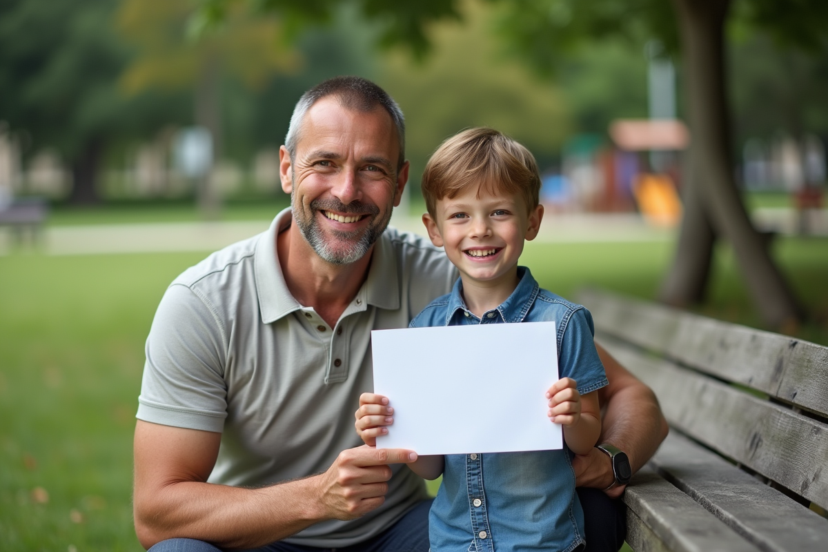 Père et fils fiers avec dessin dans un parc en plein air