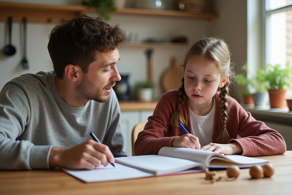 Père et fille discutant à la table de cuisine avec matériel Montessori