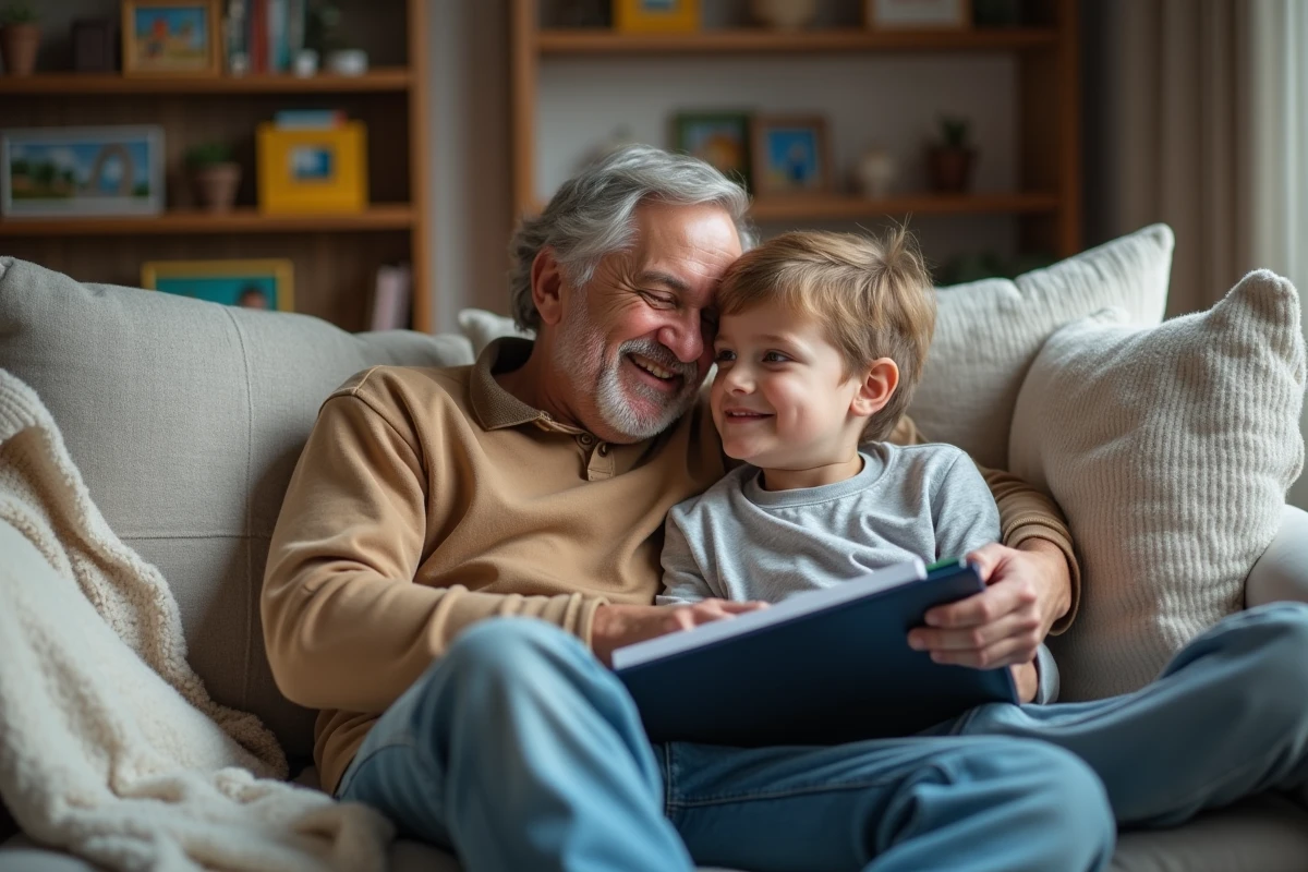 Père et fils relaxant sur le canapé familial