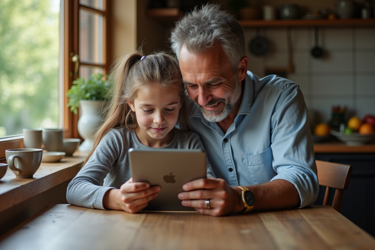 Père et fille partageant une tablette à la cuisine