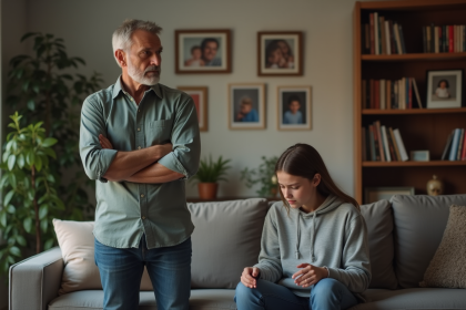 Père et fille en conflit dans le salon familial