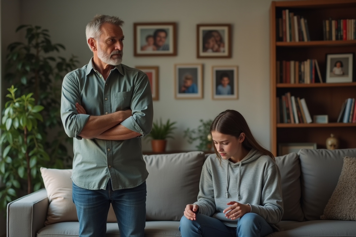 Père et fille en conflit dans le salon familial