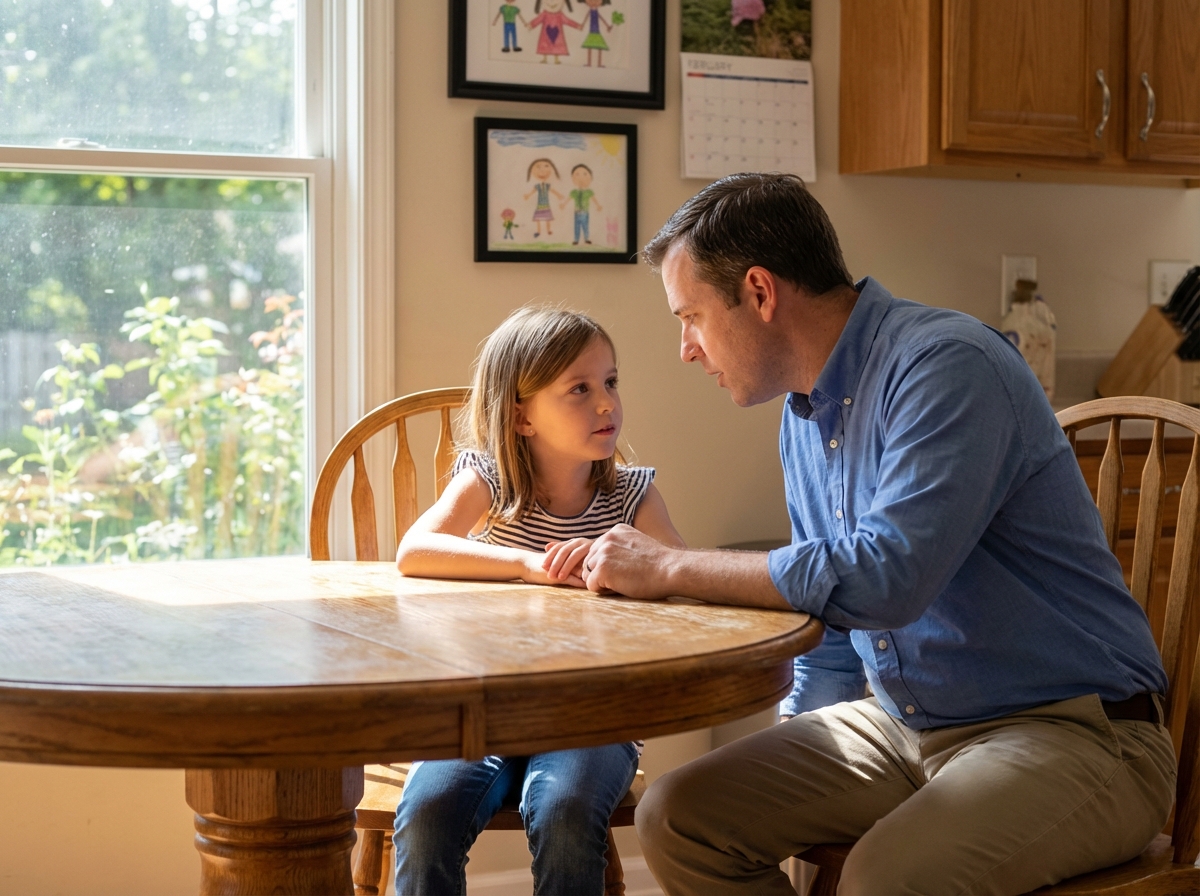 Père et fille discutant dans la cuisine lumineuse