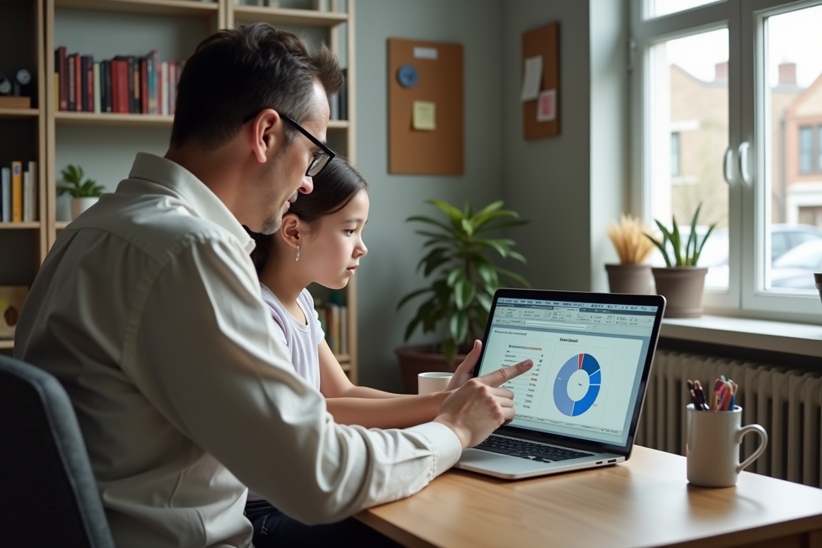 Père et fille analysant un tableau sur un ordinateur