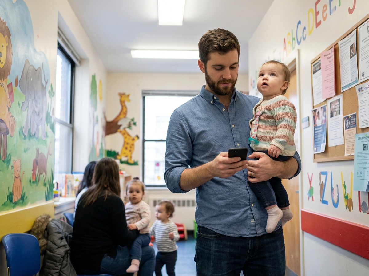 Papa vérifiant son téléphone dans un hall de garderie avec sa fille