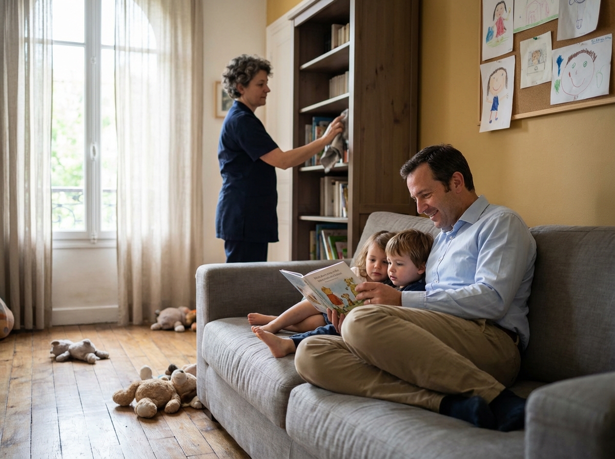 Père lisant avec ses enfants dans un salon lumineux