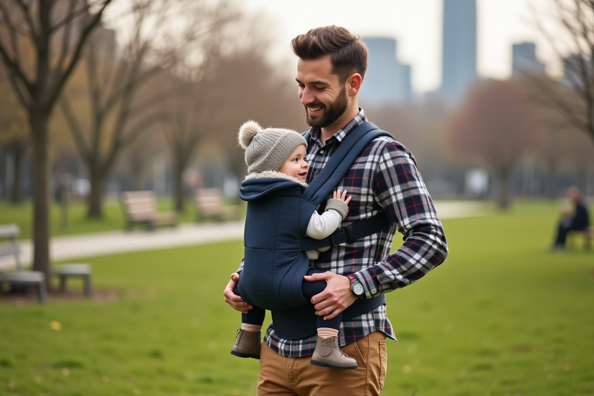 Papa en plein ajustement d un porte-bébé dans un parc urbain