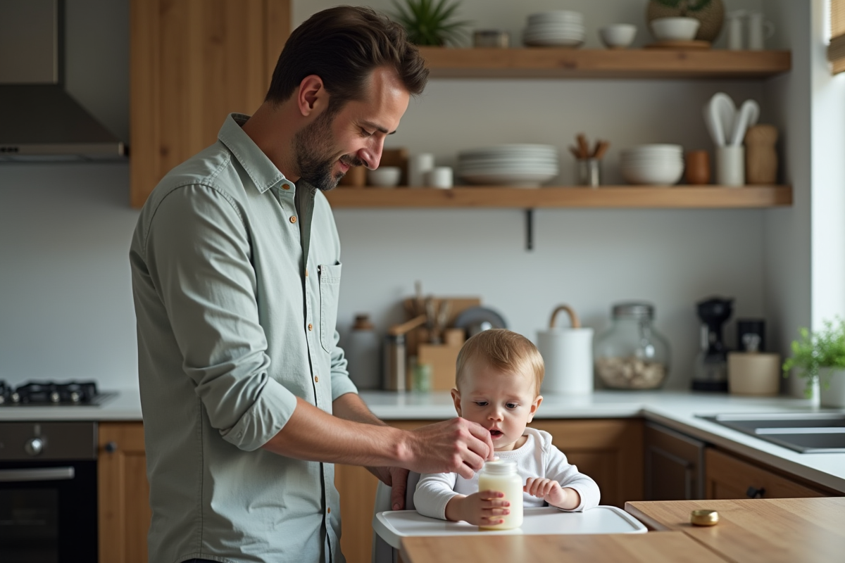 Pere préparant un biberon dans la cuisine avec un enfant en chaise haute