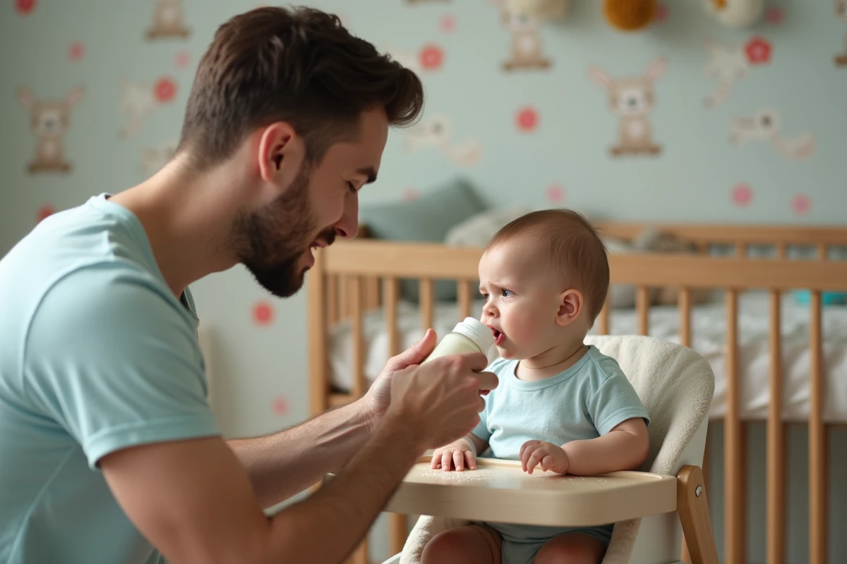 Papa préparant un biberon pour son bébé dans la nurserie