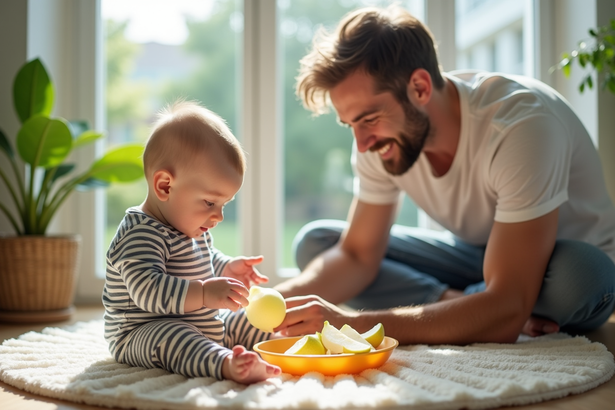 Papa surveillant son bébé avec une grignoteuse au pear
