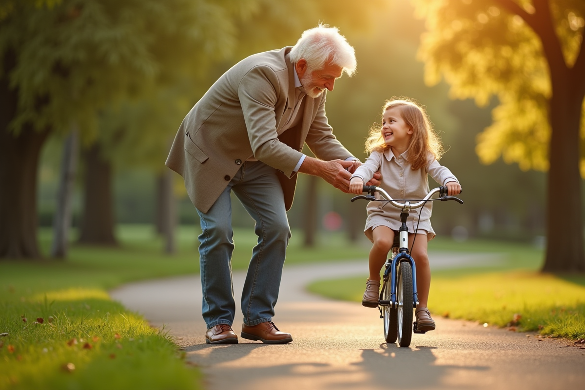 Papy enseigne à sa petite-fille à faire du vélo dans le parc