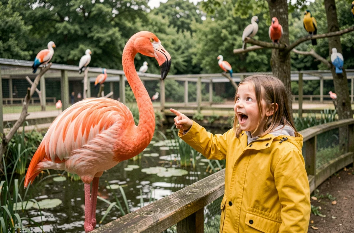 Une jeune fille admirant un flamant rose au Parc des Oiseaux dans l'Ain