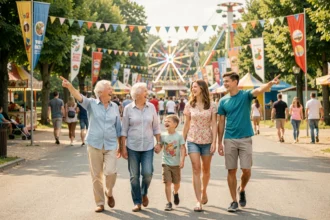 Famille multigénérationnelle entrant dans un parc de loisirs coloré du Grand Est en été