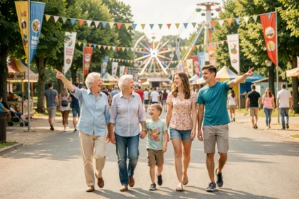 Famille multigénérationnelle entrant dans un parc de loisirs coloré du Grand Est en été