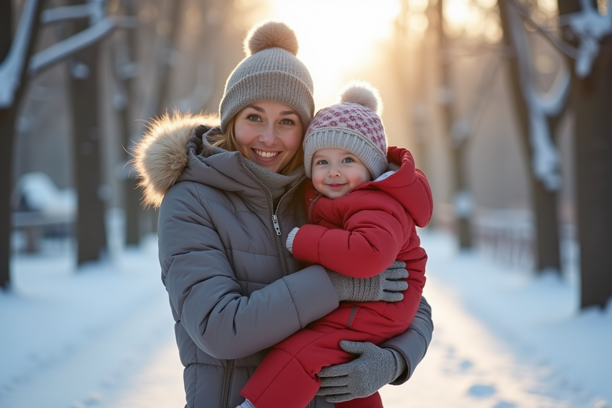 Parent portant un bébé dans une combinaison isolante en hiver