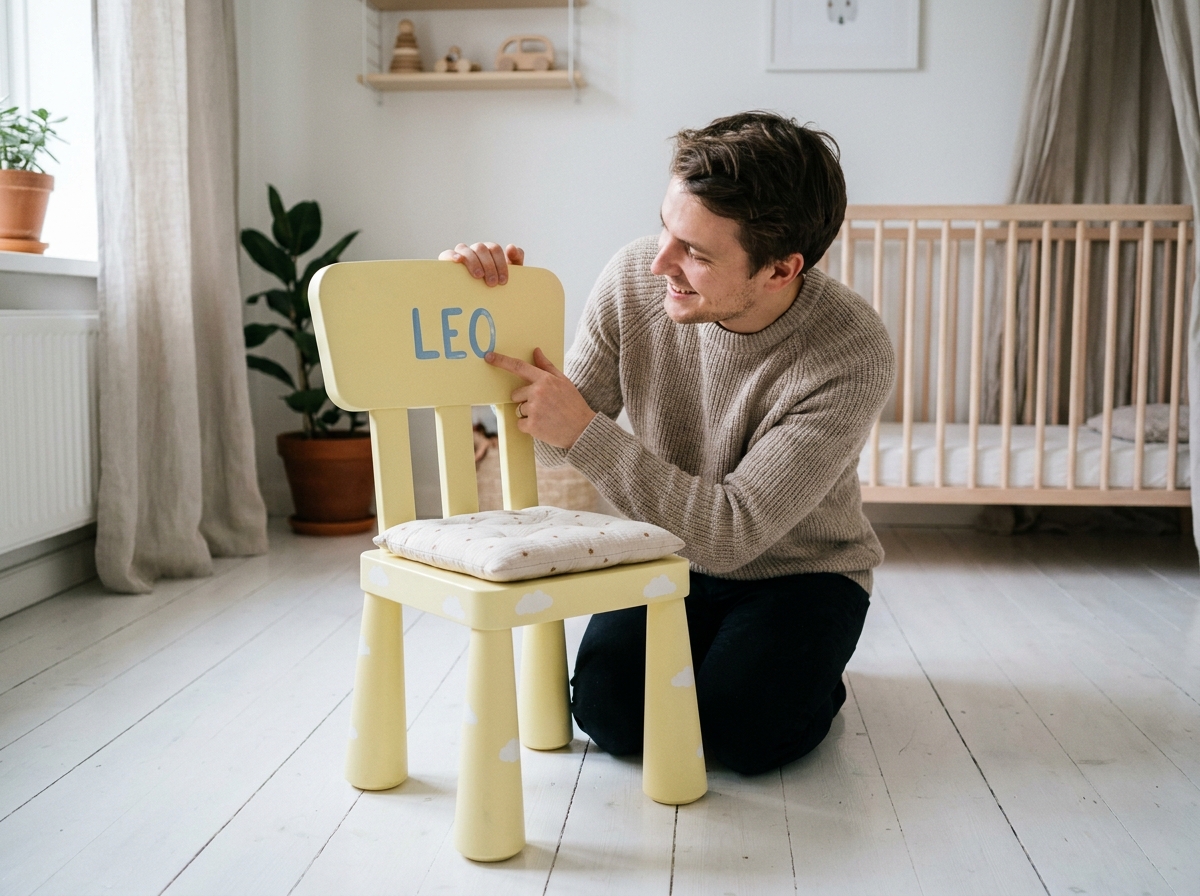 Parent montrant une chaise enfant personnalisée avec prénom peint à la main dans une chambre style scandinave