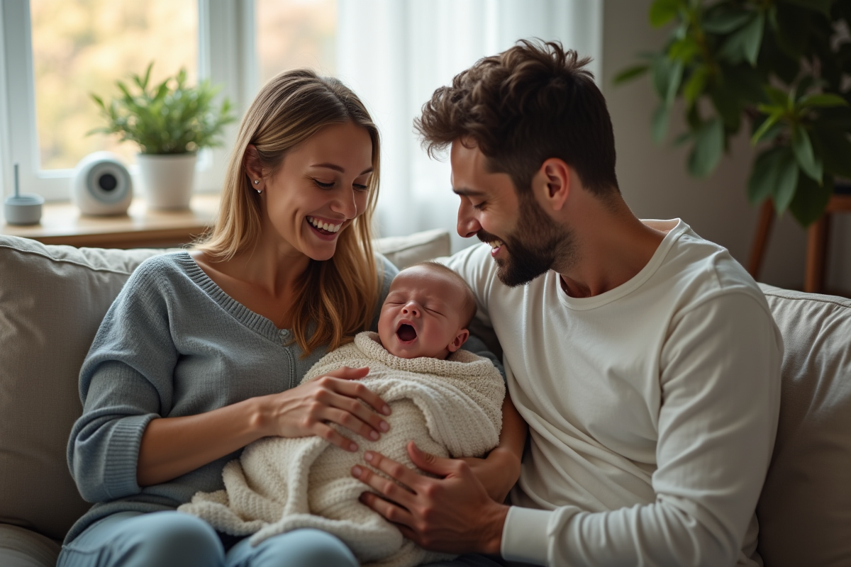 Parents souriants tenant leur bébé dans un salon au matin