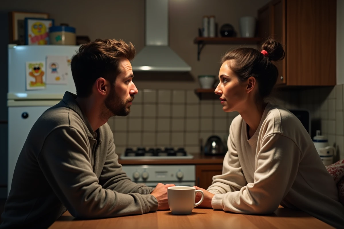 Parents discutant tard le soir à la cuisine