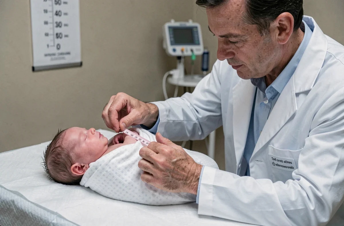 Pédiatre mesurant le périmètre crânien d'un nourrisson prématuré lors d'une consultation médicale