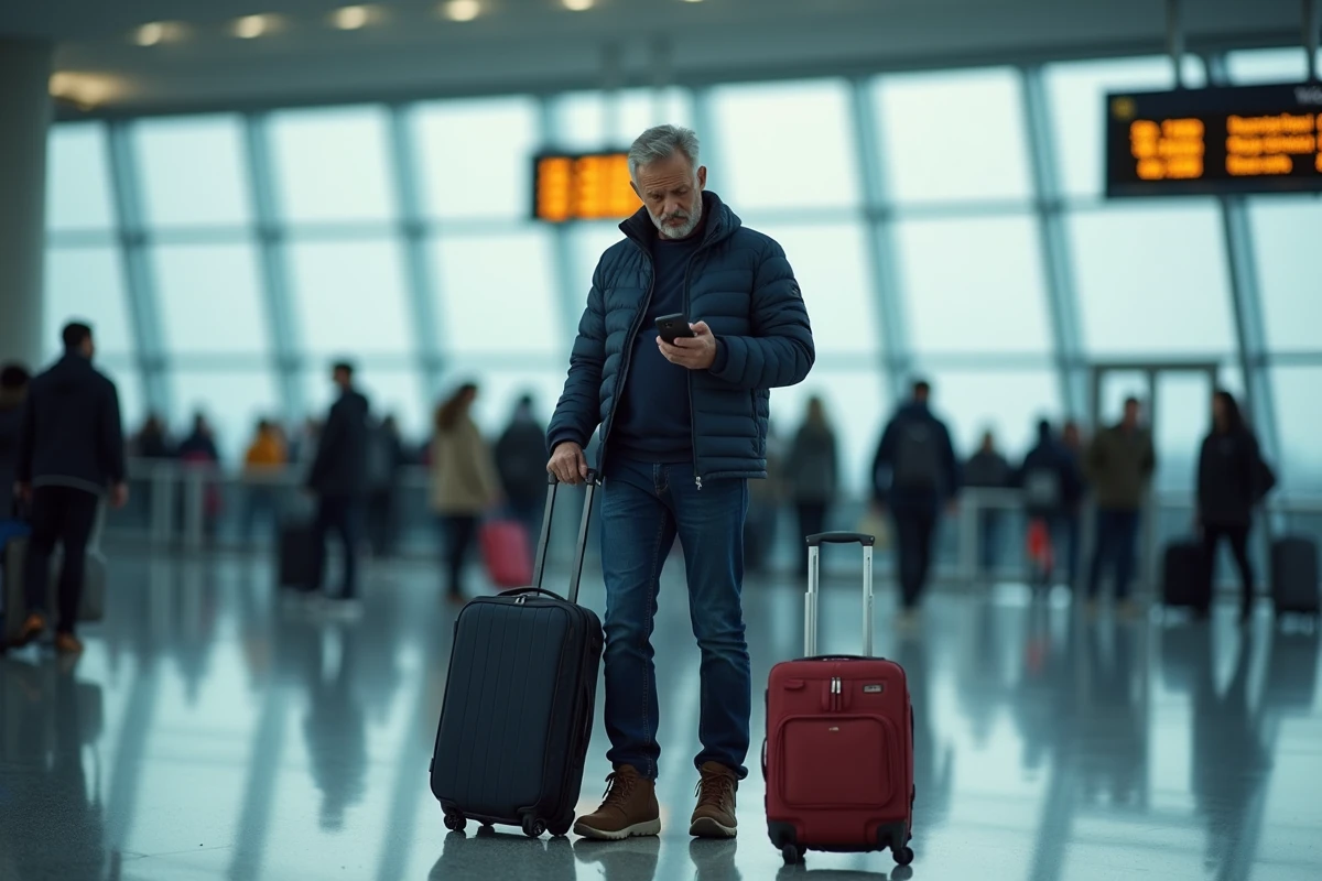 Père de famille stressé dans un aéroport bondé pendant les vacances scolaires de la Toussaint