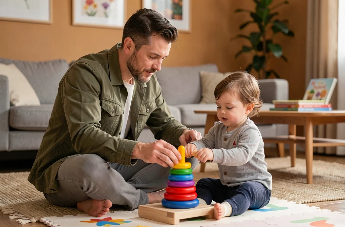 Père jouant avec son bébé à la maison pour préparer la séparation et l'adaptation à la garderie