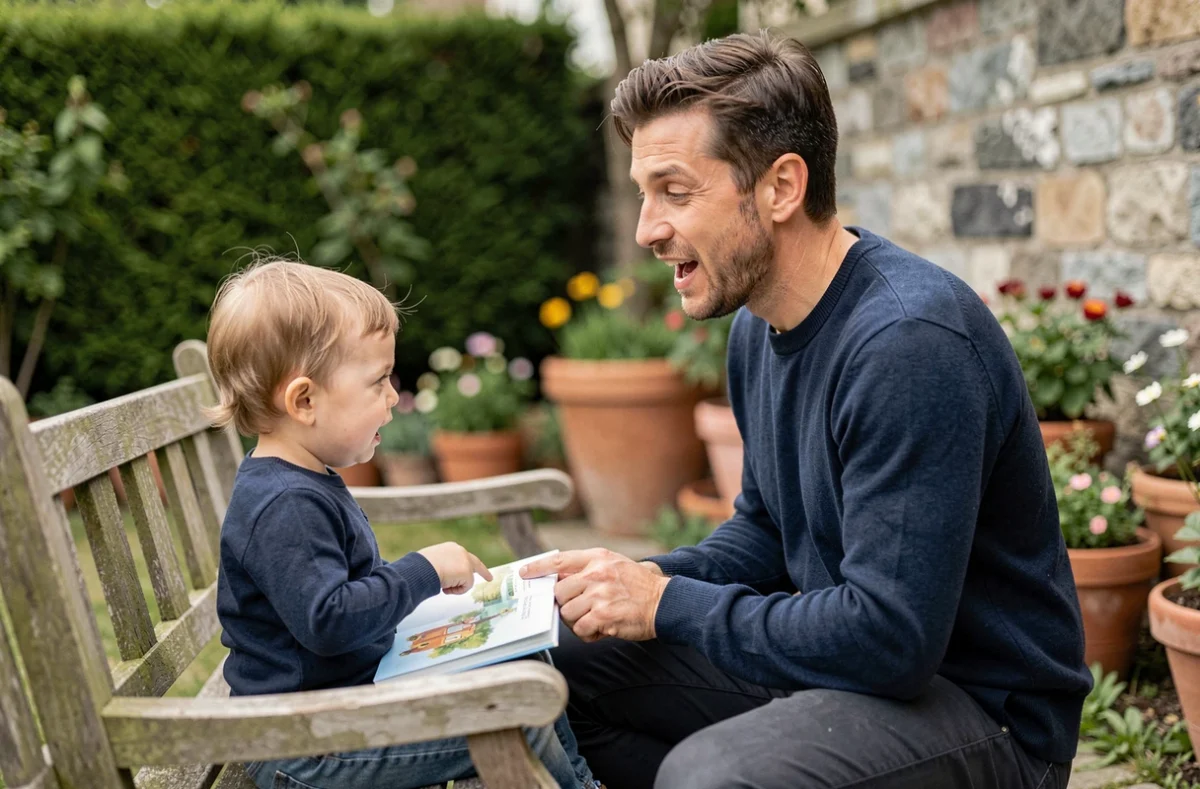 Père lisant à voix haute un livre illustré à son tout-petit assis sur un banc de jardin ensoleillé