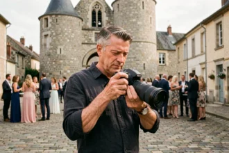 Photographe professionnel en train de travailler lors d'un événement à Dreux avec le beffroi en arrière-plan