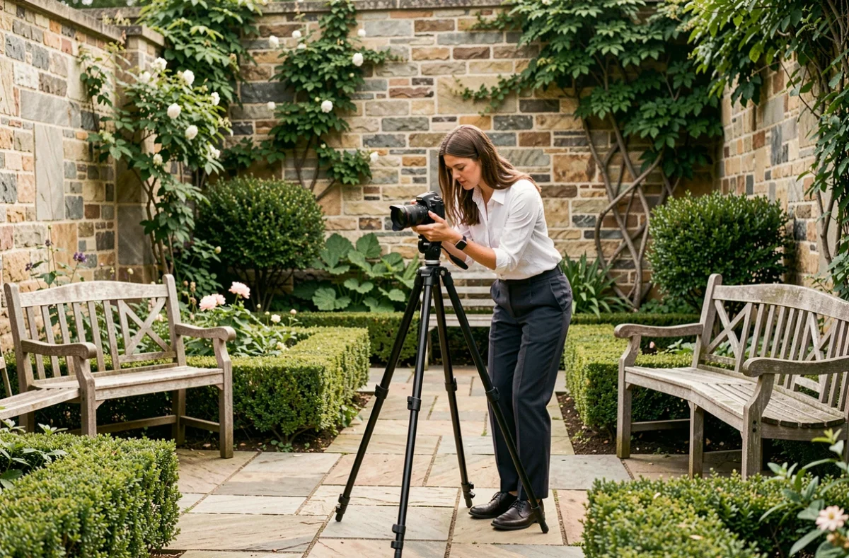 Photographe de mariage abordable en repérage dans un jardin pour préparer une cérémonie avec petit budget