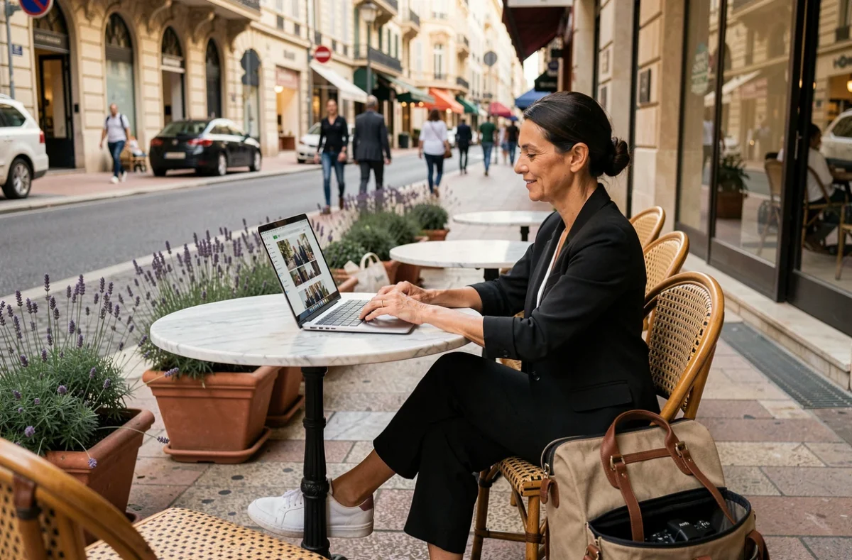 Photographe de mariage féminine consultant son portfolio sur ordinateur dans un café de Cannes