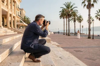 Photographe de mariage professionnel au travail sur les marches du Palais des Festivals à Cannes