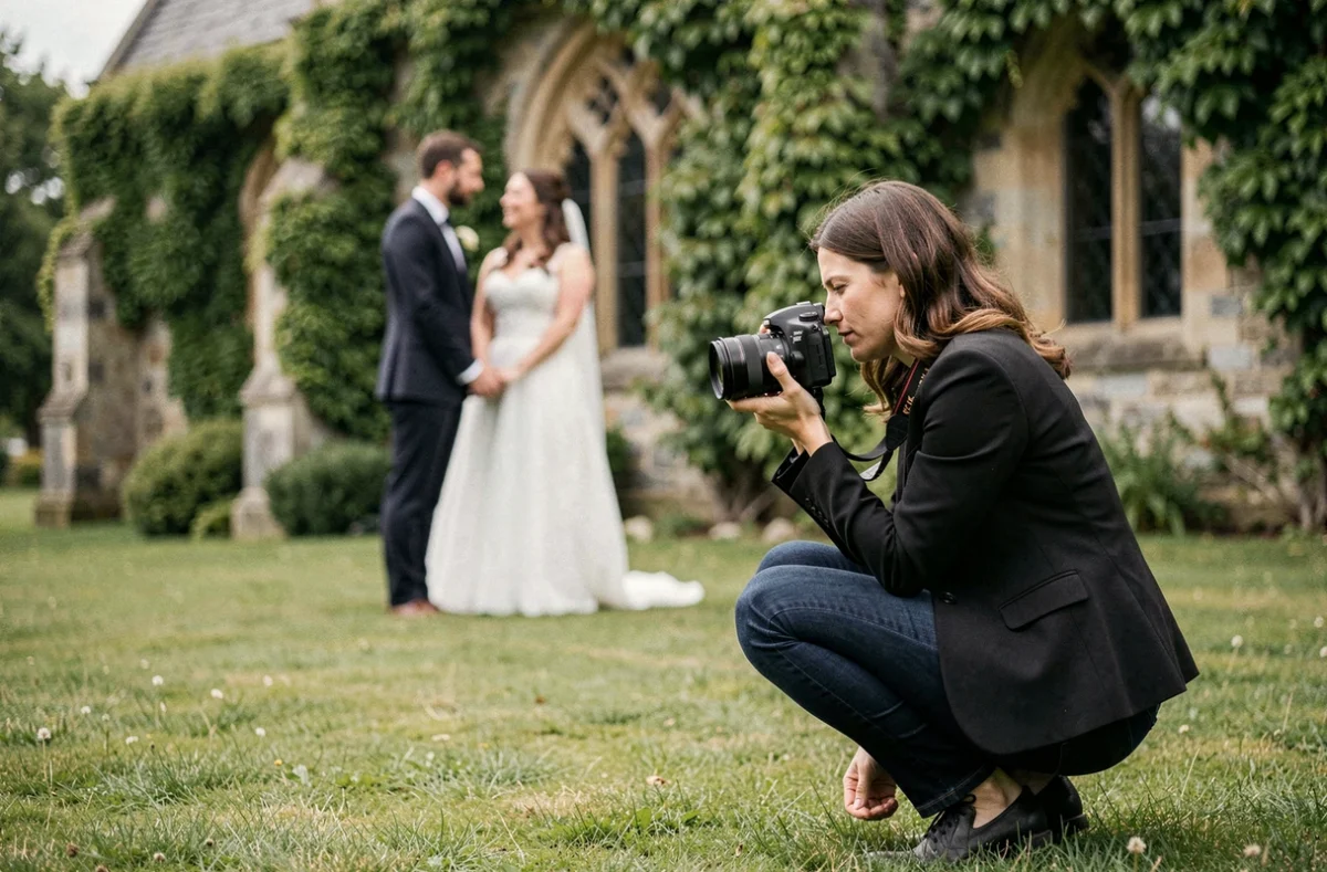 Une photographe de mariage en action photographiant les mariés devant une chapelle en pierre lors d'une répétition