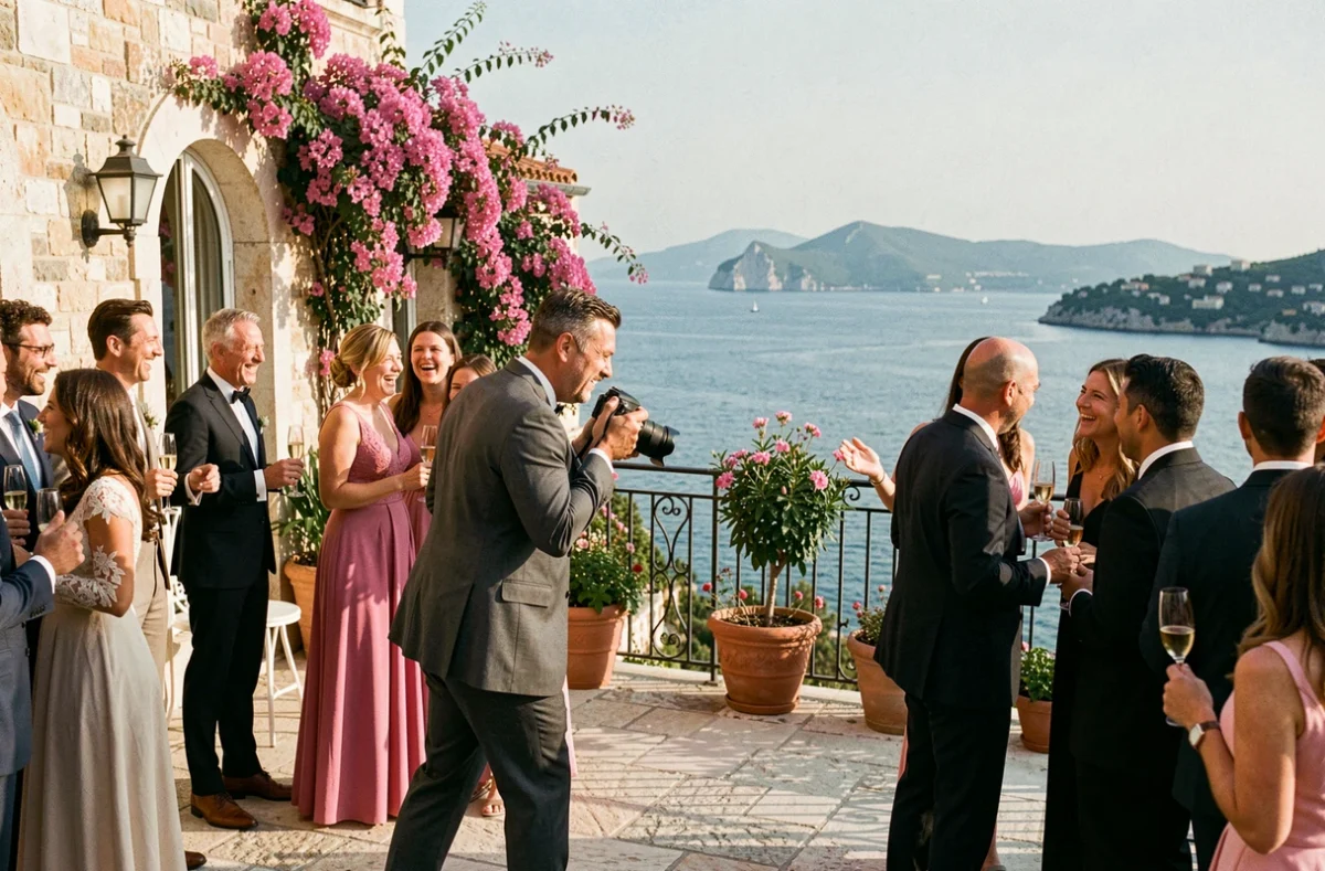 Photographe de mariage capturant des moments spontanés lors d'une réception sur une villa de luxe à Cannes avec vue sur la mer